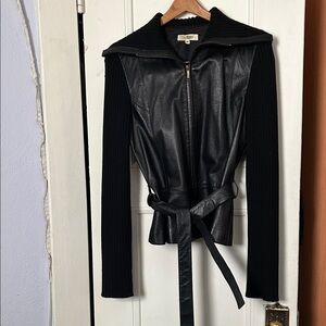tseSAY Black Leather and cashmere Jacket with Belted Waist